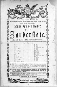 Cartaz publicitário da estréia de "A Flauta Mágica", de Wolfgang Amadeus Mozart, no Freihaustheater (hoje Theater an der Wien), 1791